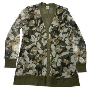 Chico's Size 1 Womens Medium Green Camo Semi Sheer 2 Layer Button Front Cardigan
